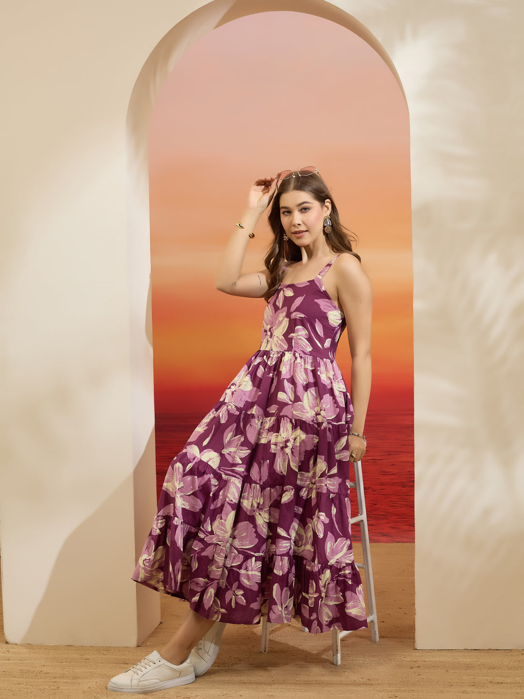 Divena Floral Print Purple Cotton Shoulder Strap Midi Dress