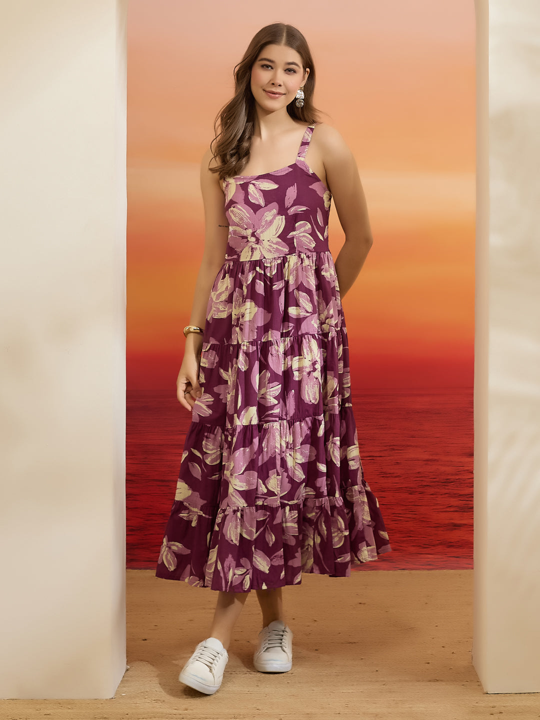 Divena Floral Print Purple Cotton Shoulder Strap Midi Dress