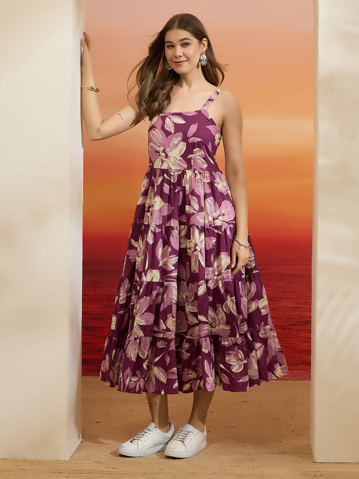 Divena Floral Print Purple Cotton Shoulder Strap Midi Dress