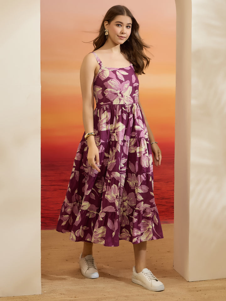Divena Floral Print Purple Cotton Shoulder Strap Midi Dress