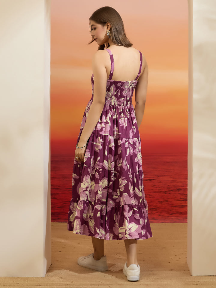 Divena Floral Print Purple Cotton Shoulder Strap Midi Dress