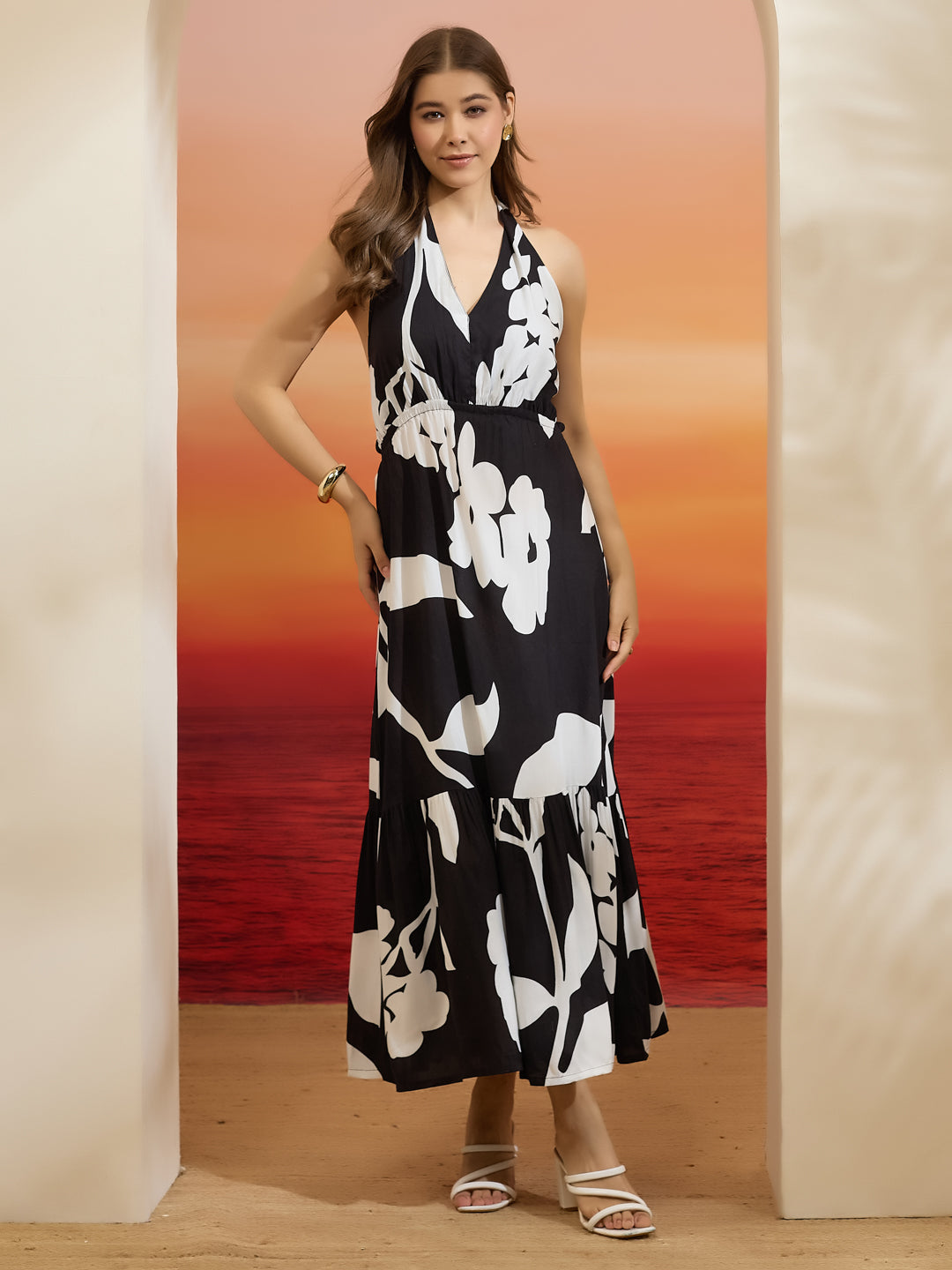 Divena Floral Printed Flared Cotton Black Dress