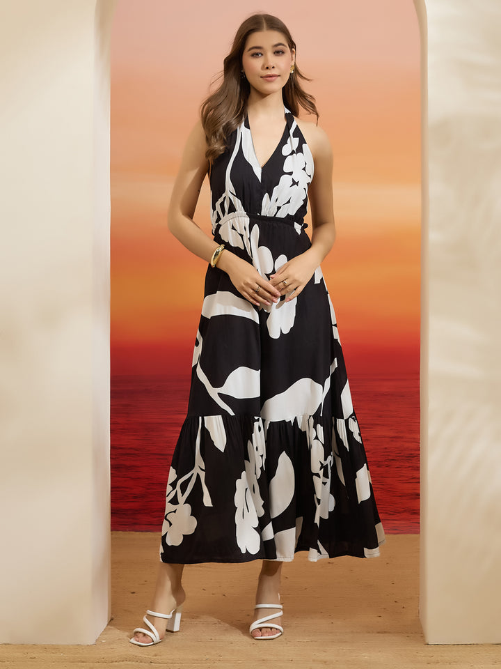 Divena Floral Printed Flared Cotton Black Dress