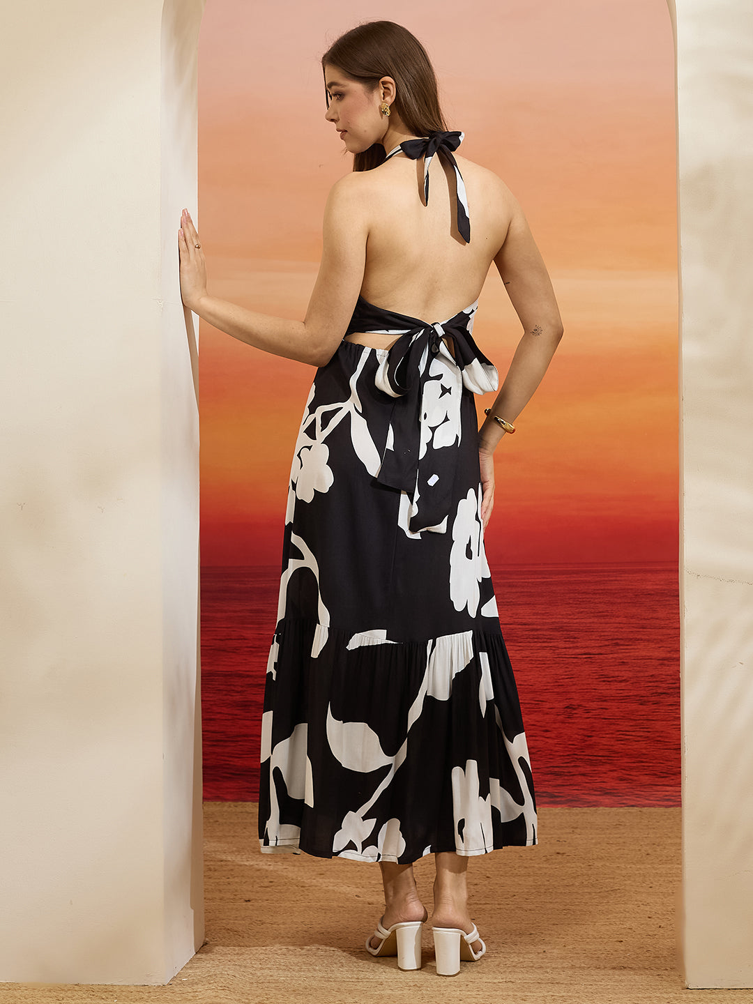 Divena Floral Printed Flared Cotton Black Dress