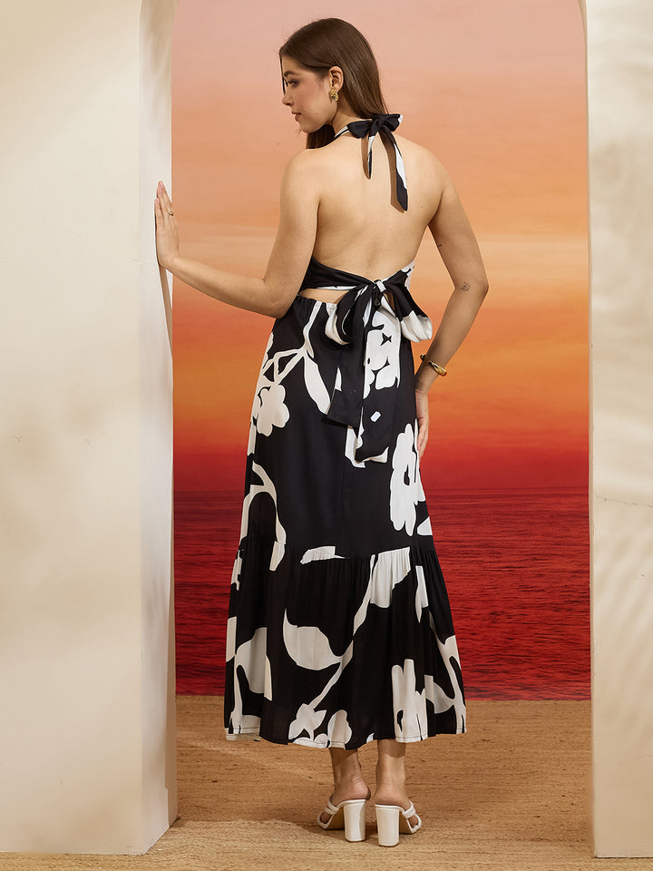 Divena Floral Printed Flared Cotton Black Dress