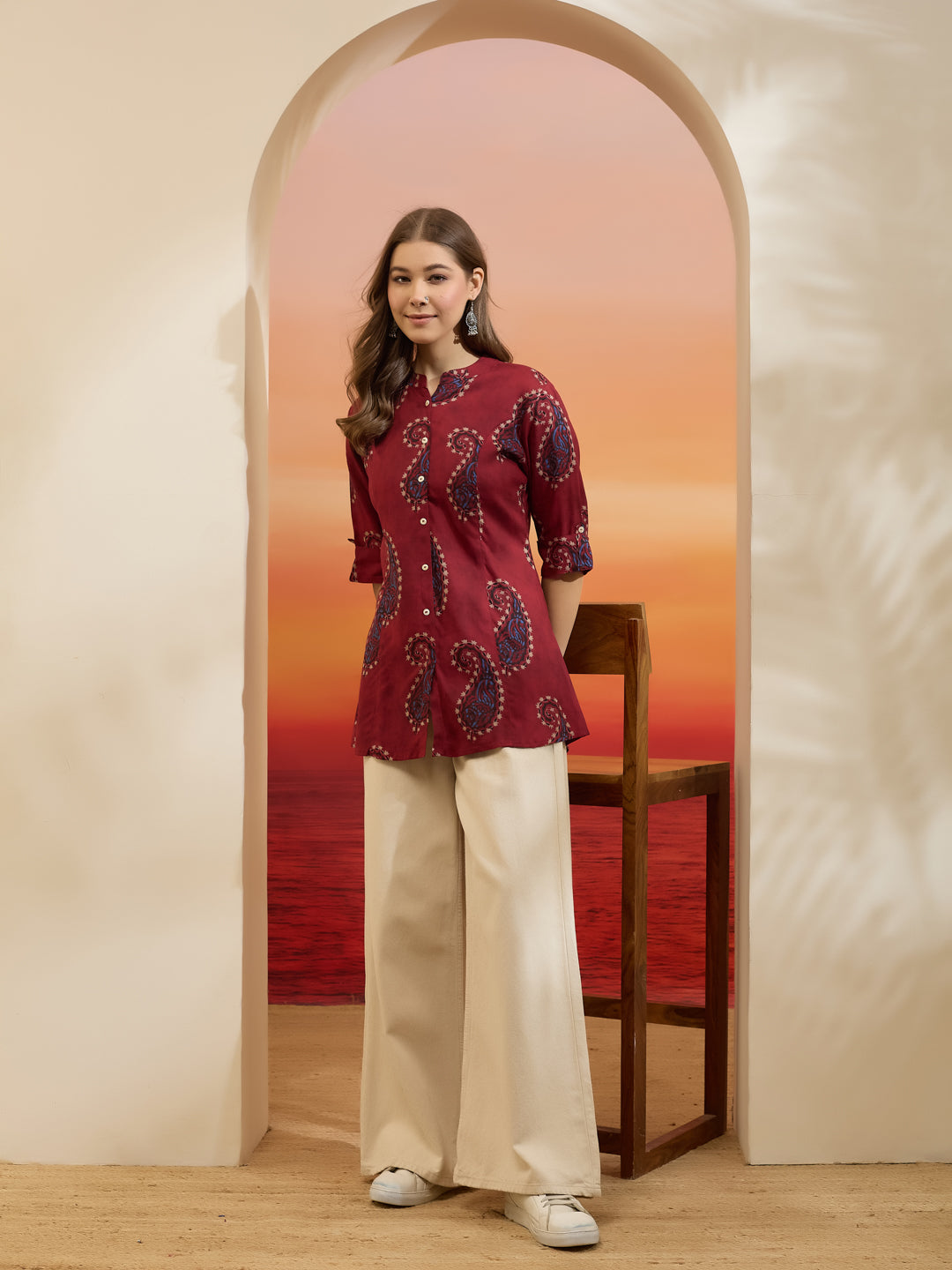 Divena Women Paisley Printed Viscose Rayon Maroon Straight Fit Top
