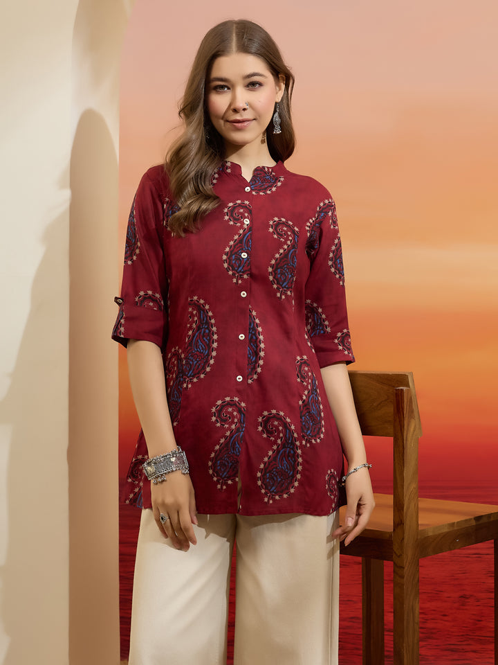 Divena Women Paisley Printed Viscose Rayon Maroon Straight Fit Top