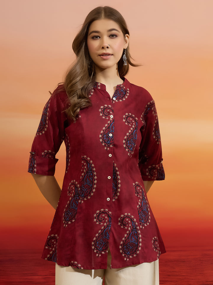 Divena Women Paisley Printed Viscose Rayon Maroon Straight Fit Top