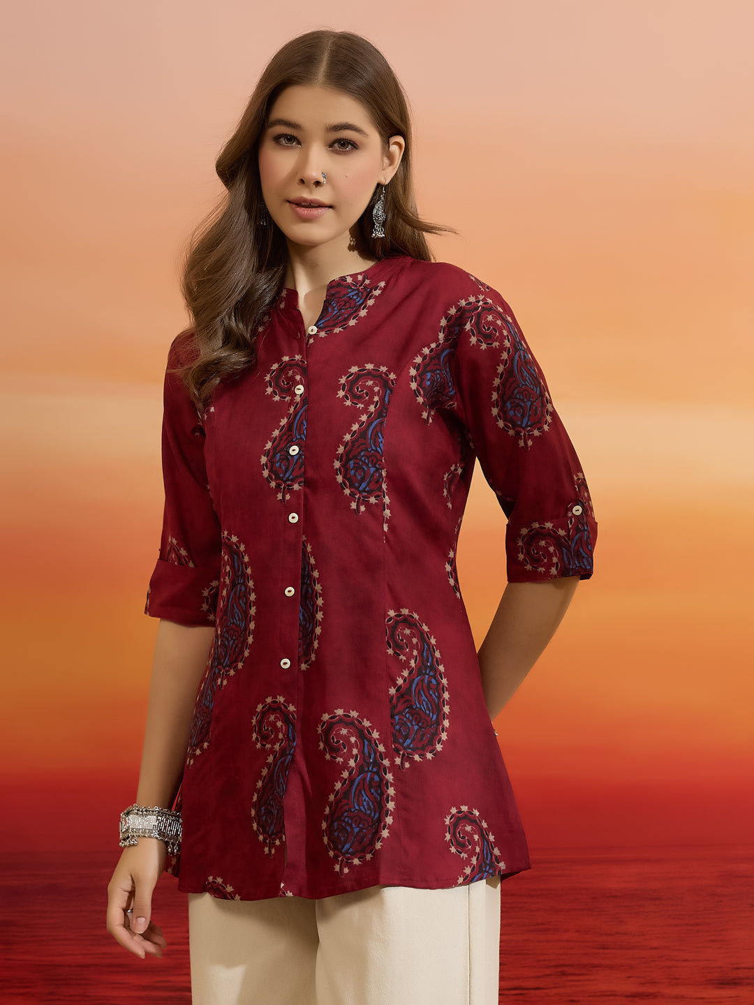 Divena Women Paisley Printed Viscose Rayon Maroon Straight Fit Top