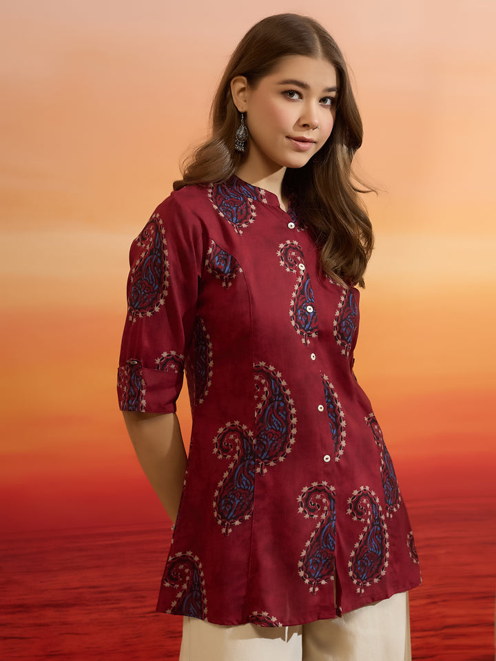 Divena Women Paisley Printed Viscose Rayon Maroon Straight Fit Top