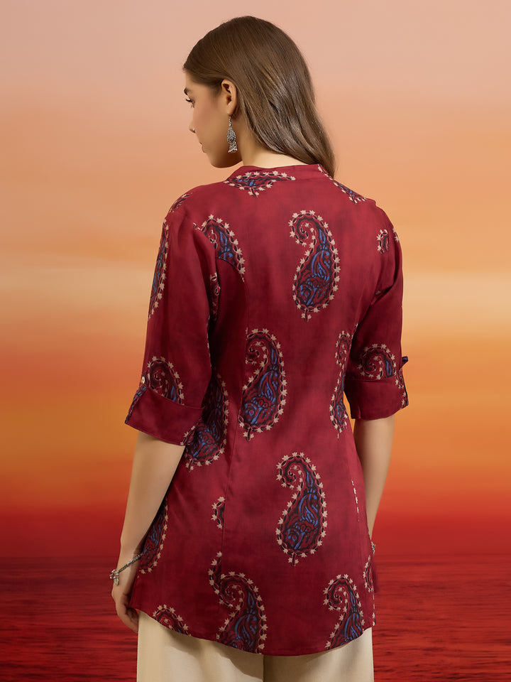 Divena Women Paisley Printed Viscose Rayon Maroon Straight Fit Top