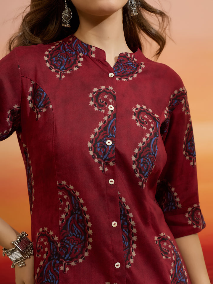 Divena Women Paisley Printed Viscose Rayon Maroon Straight Fit Top