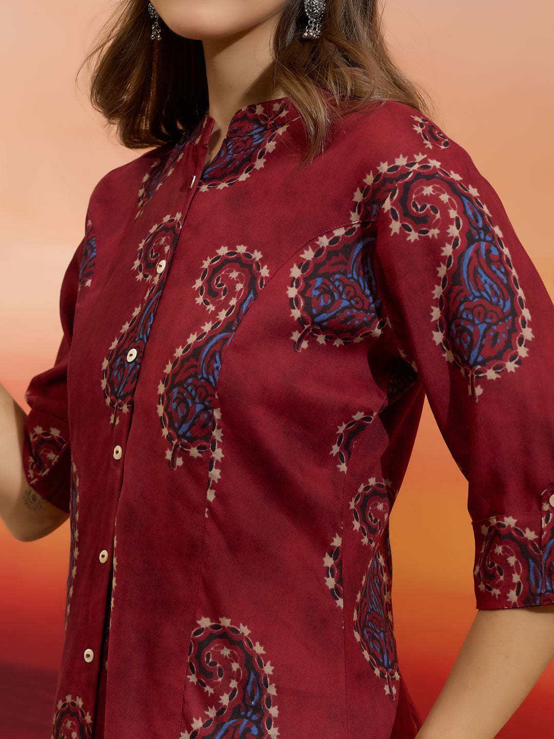 Divena Women Paisley Printed Viscose Rayon Maroon Straight Fit Top