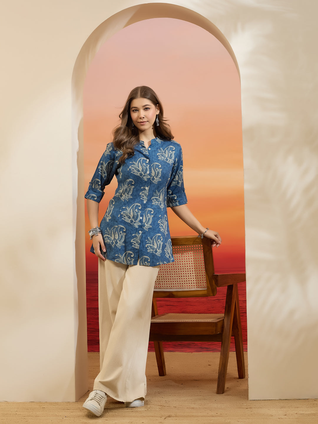 Divena Women Paisley Printed Viscose Rayon Blue Straight Fit Top