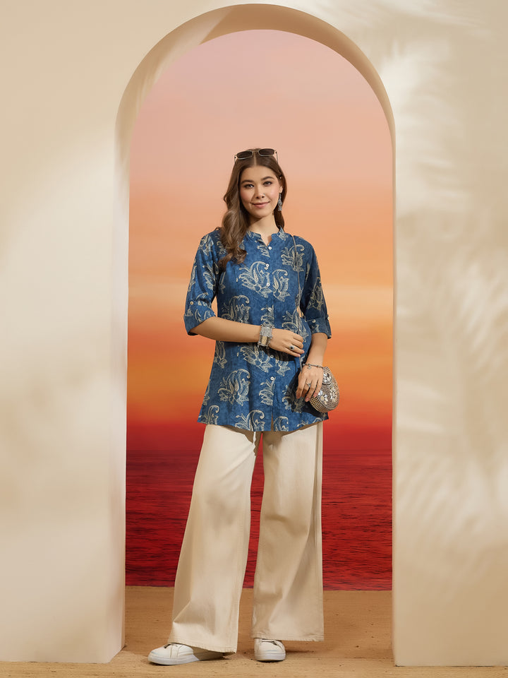 Divena Women Paisley Printed Viscose Rayon Blue Straight Fit Top