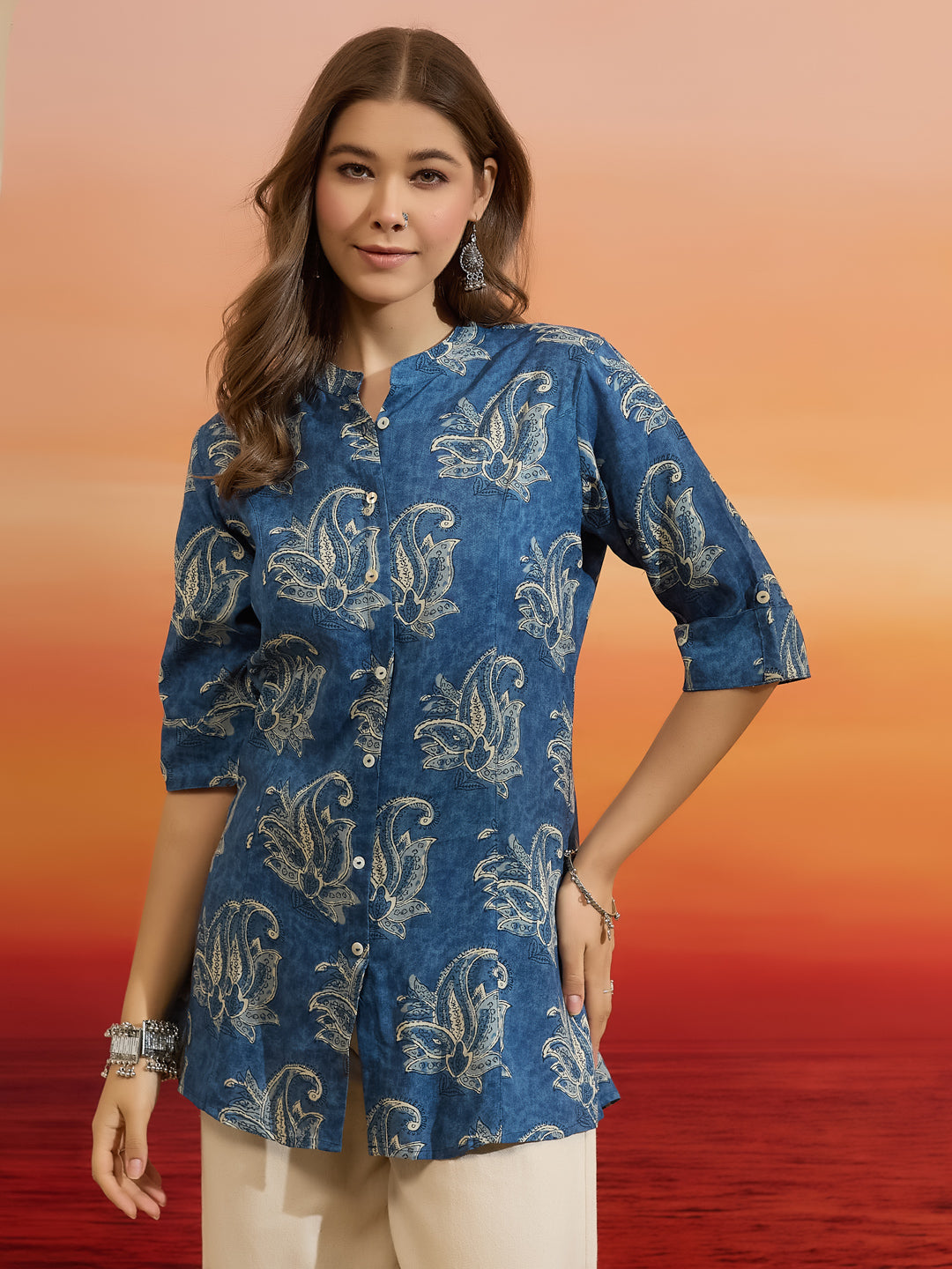 Divena Women Paisley Printed Viscose Rayon Blue Straight Fit Top