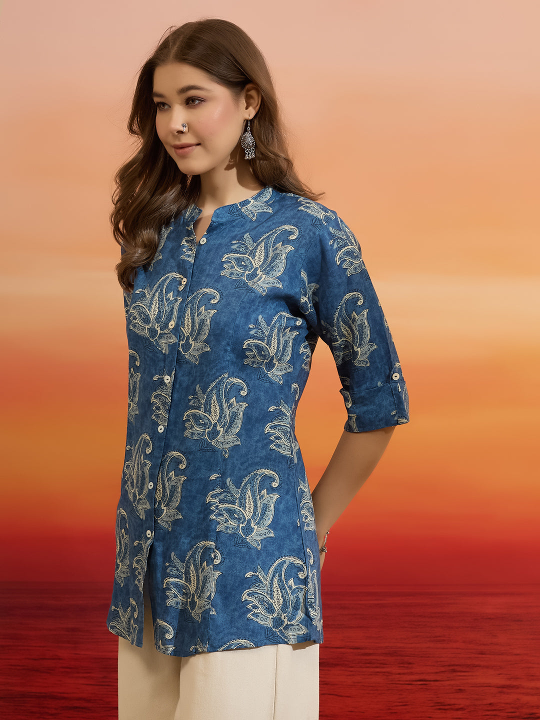 Divena Women Paisley Printed Viscose Rayon Blue Straight Fit Top