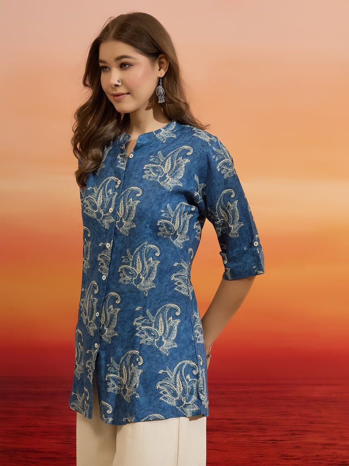 Divena Women Paisley Printed Viscose Rayon Blue Straight Fit Top
