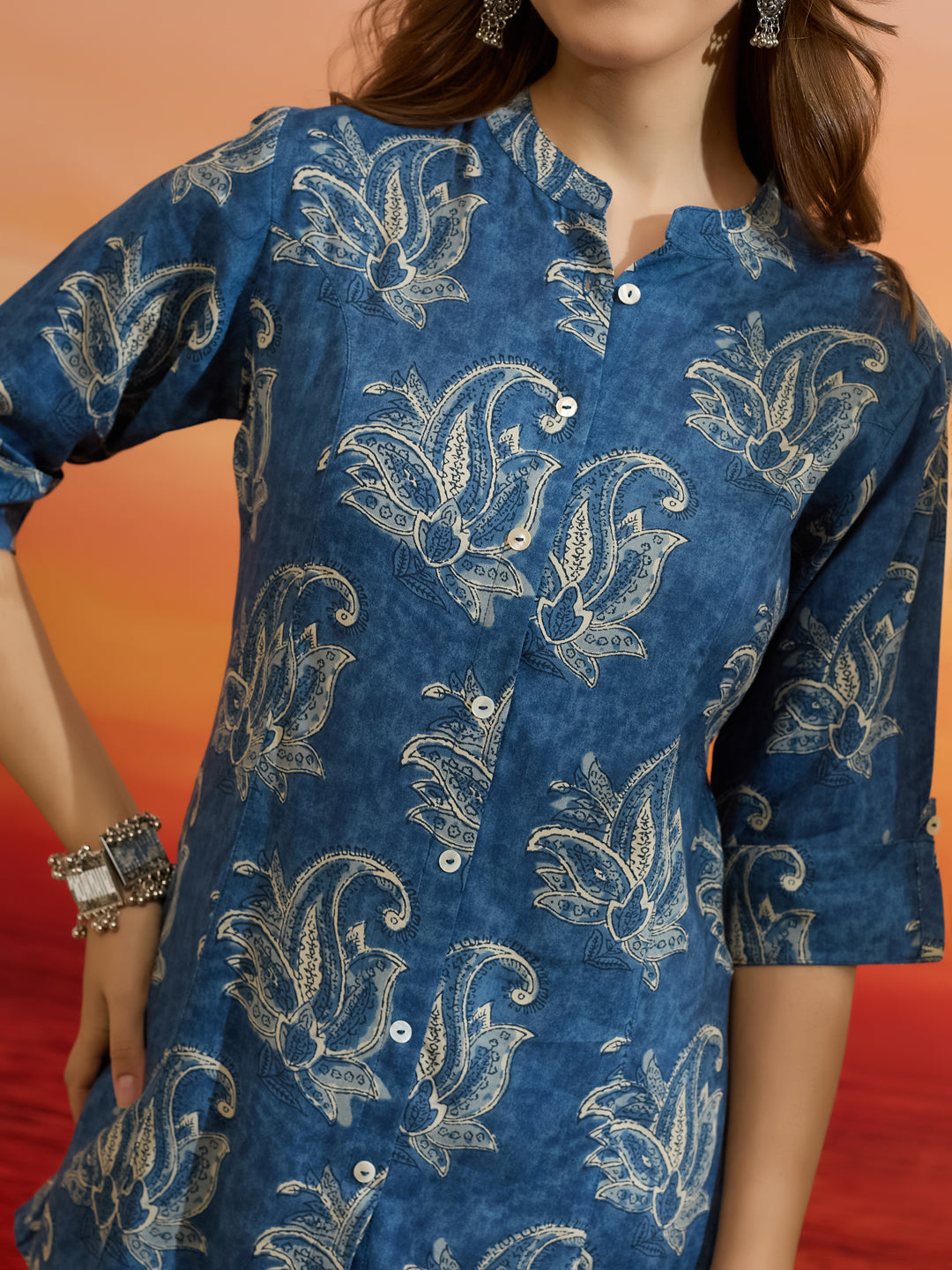 Divena Women Paisley Printed Viscose Rayon Blue Straight Fit Top