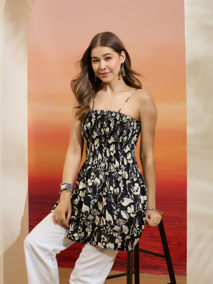 Divena Women Floral Printed Cotton Black Smocked Top