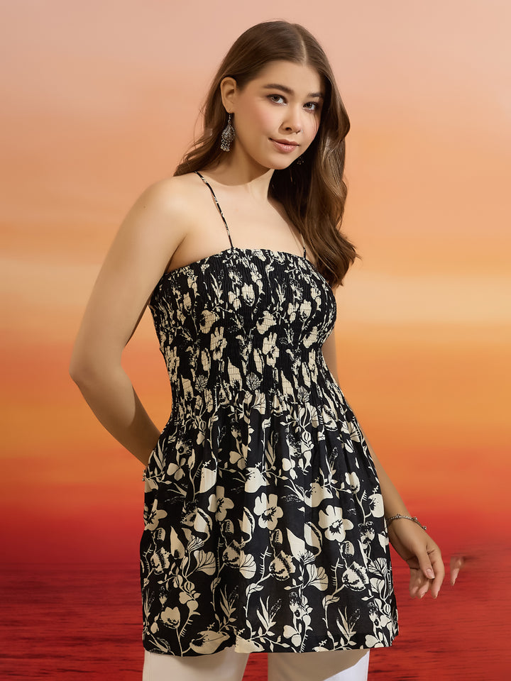 Divena Women Floral Printed Cotton Black Smocked Top