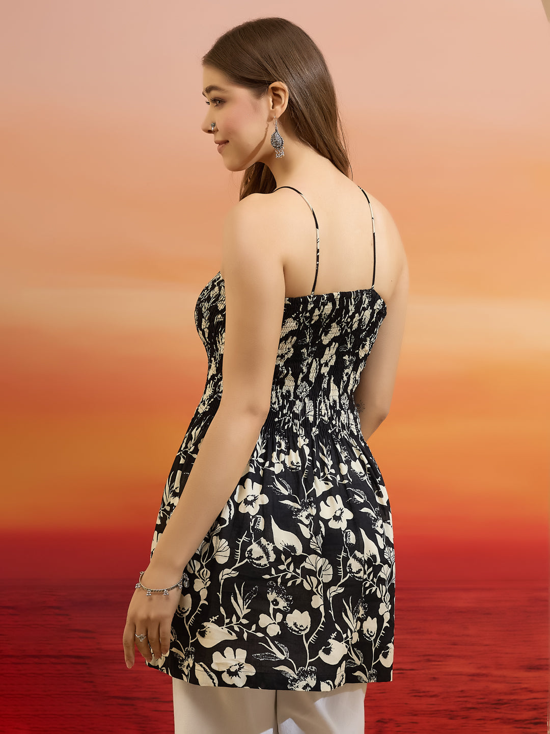 Divena Women Floral Printed Cotton Black Smocked Top