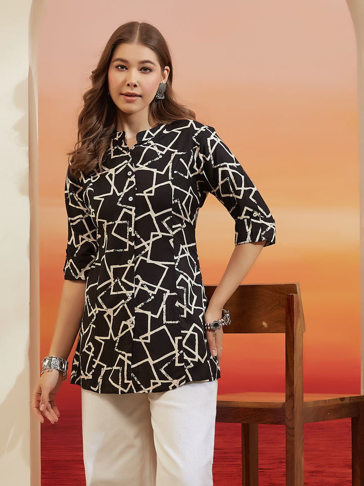 Divena Women Abstract Printed Viscose Rayon Black Straight Fit Top