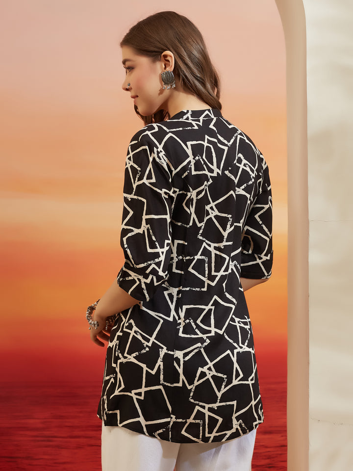 Divena Women Abstract Printed Viscose Rayon Black Straight Fit Top