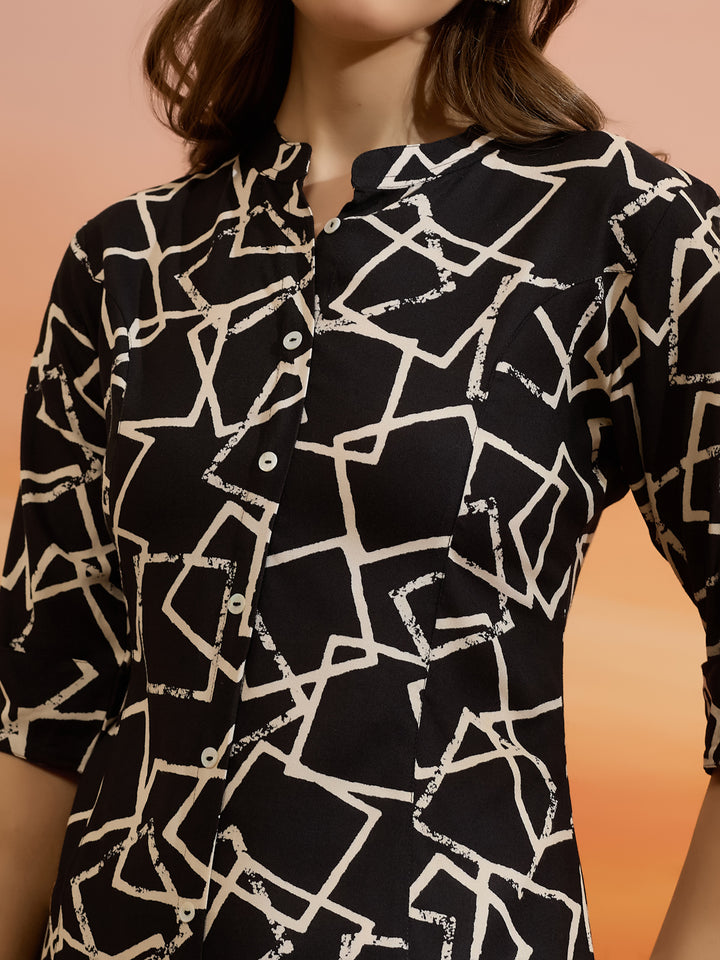 Divena Women Abstract Printed Viscose Rayon Black Straight Fit Top