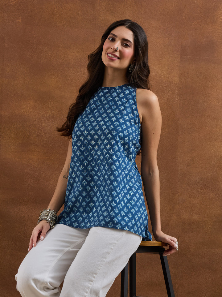Divena Women Blue Printed Cotton Sleeveless Top