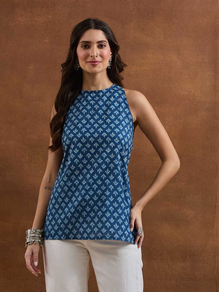 Divena Women Blue Printed Cotton Sleeveless Top