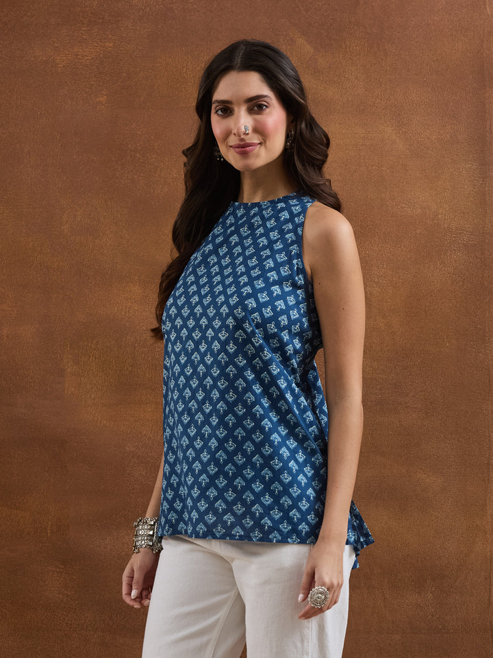 Divena Women Blue Printed Cotton Sleeveless Top