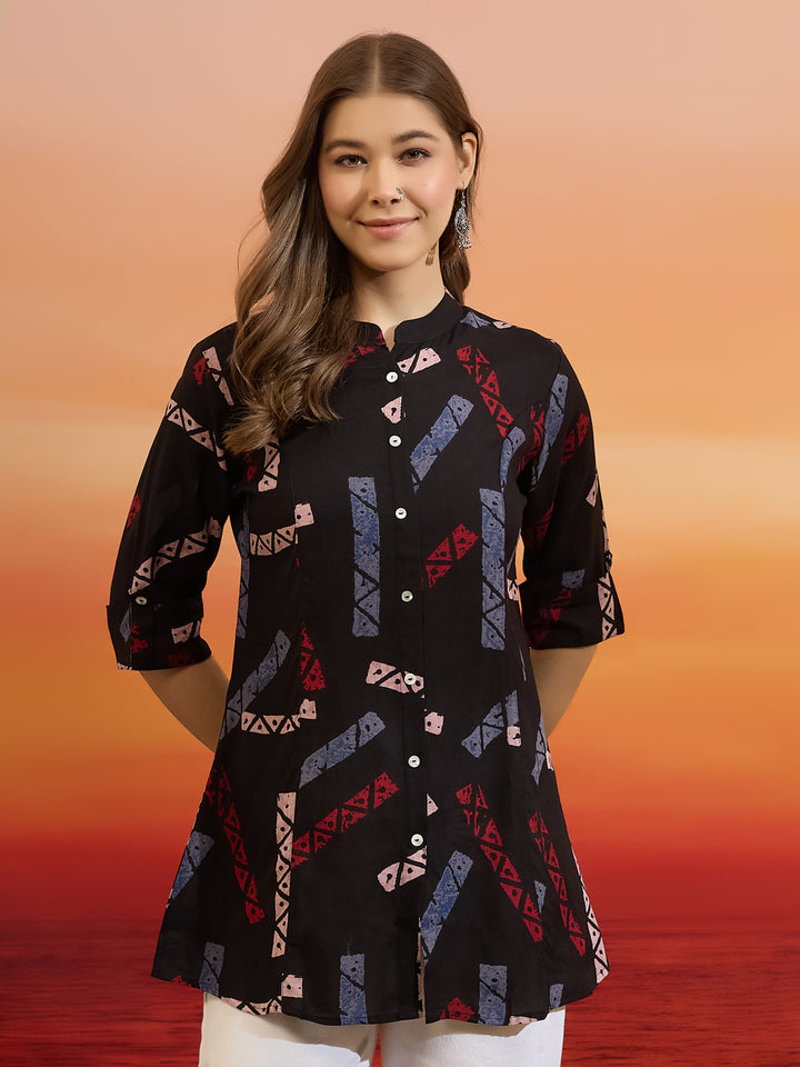 Divena Women Geometric Printed Viscose Rayon Black Straight Fit Top