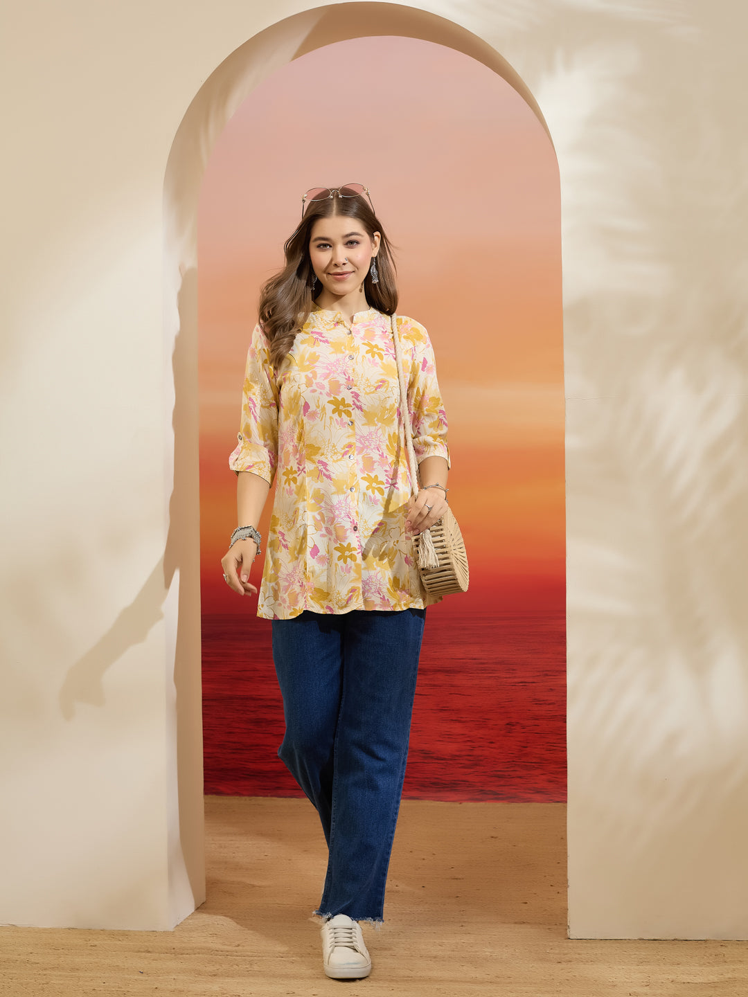 Divena Women Floral Printed Viscose Rayon Cream Straight Fit Top