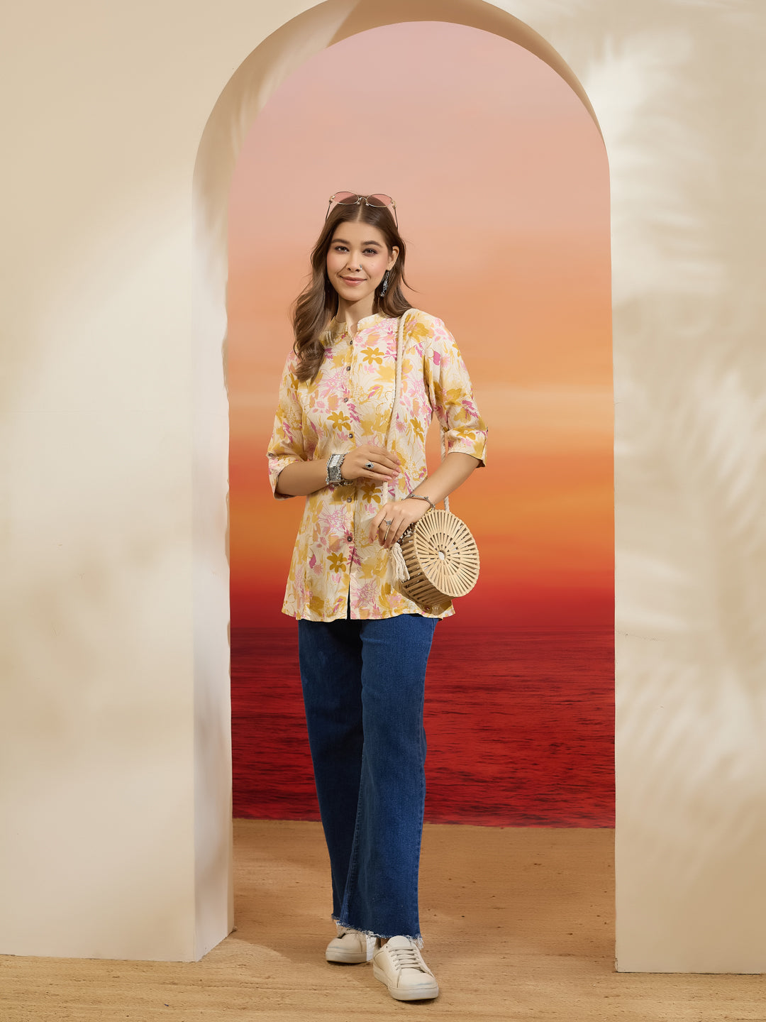 Divena Women Floral Printed Viscose Rayon Cream Straight Fit Top