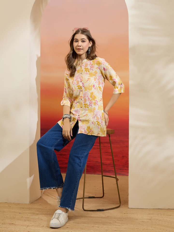 Divena Women Floral Printed Viscose Rayon Cream Straight Fit Top