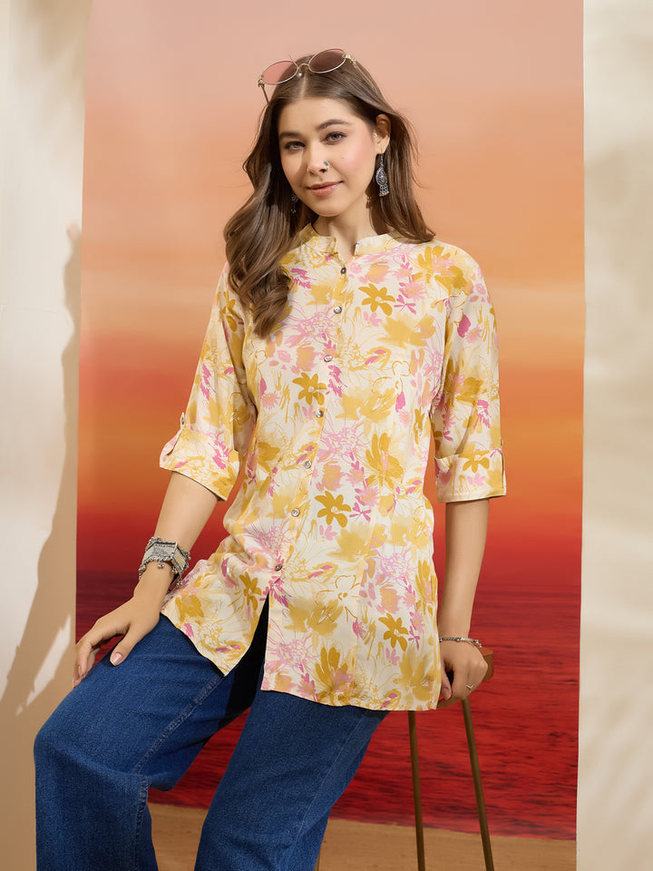 Divena Women Floral Printed Viscose Rayon Cream Straight Fit Top