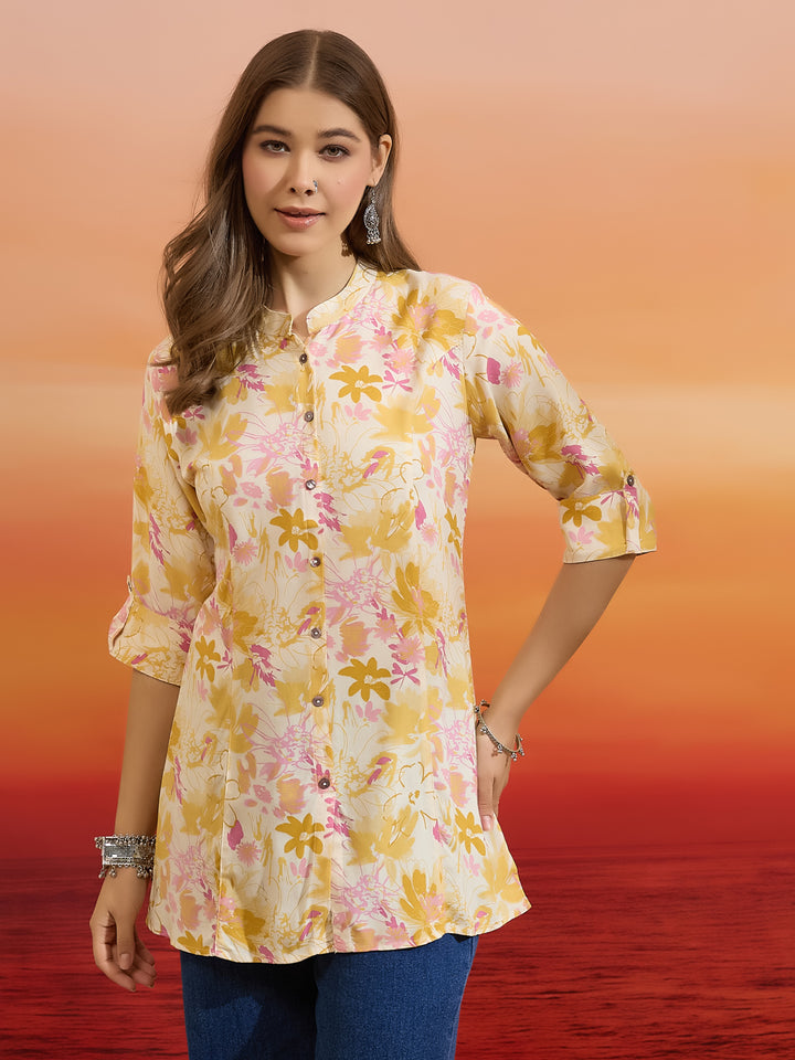 Divena Women Floral Printed Viscose Rayon Cream Straight Fit Top