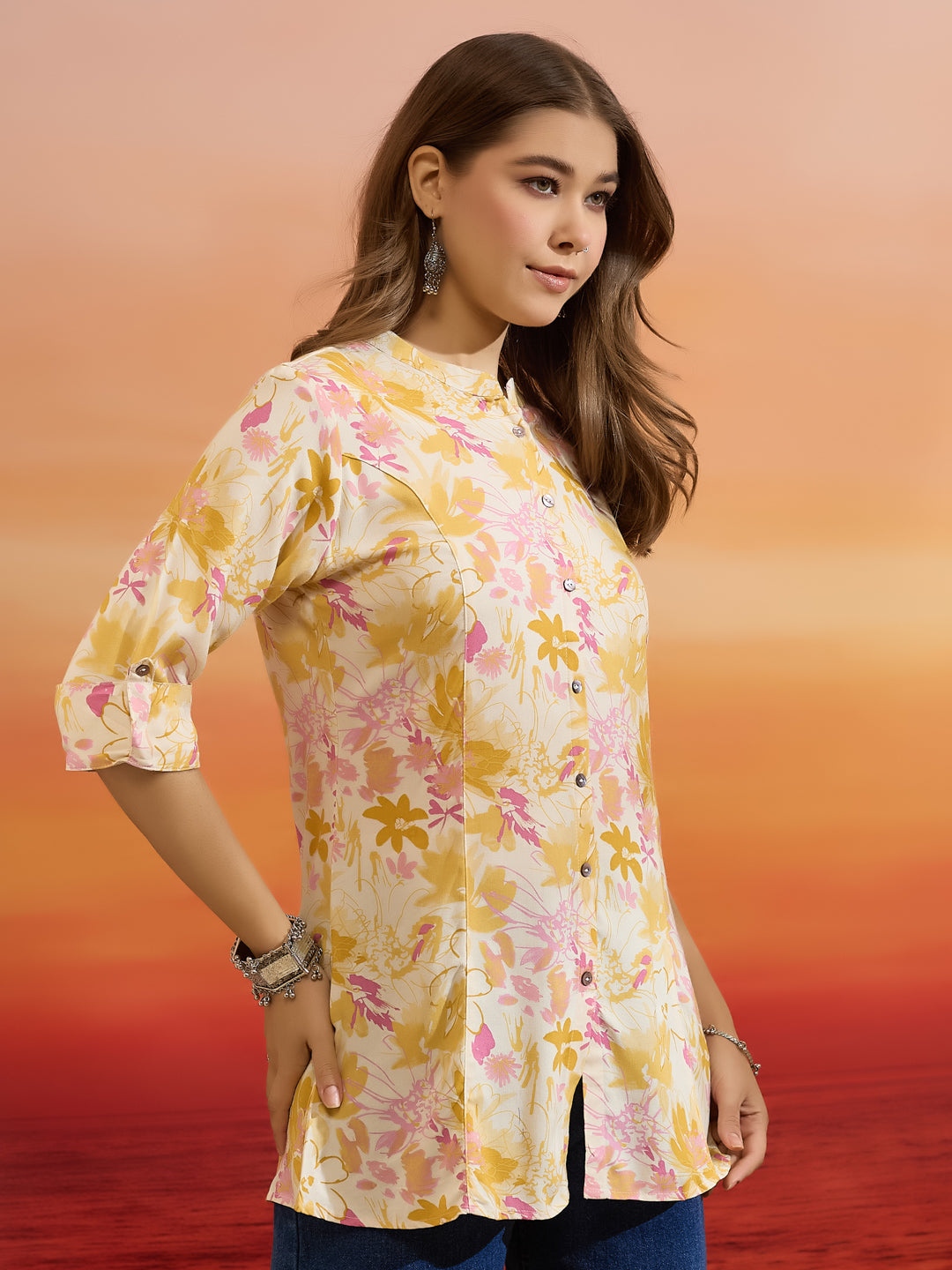 Divena Women Floral Printed Viscose Rayon Cream Straight Fit Top