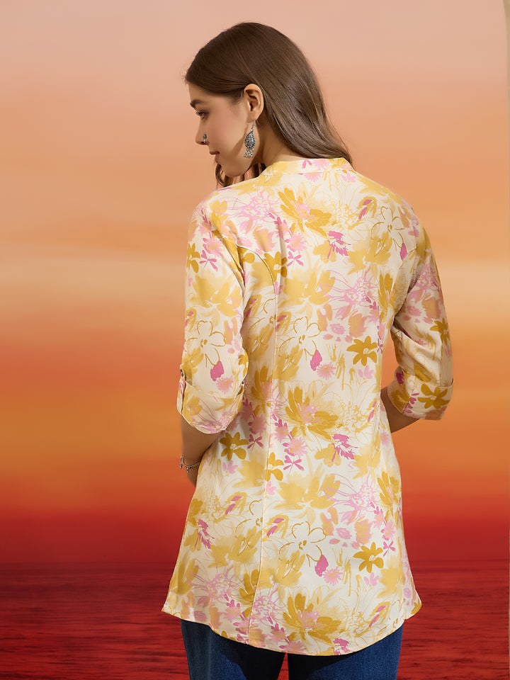 Divena Women Floral Printed Viscose Rayon Cream Straight Fit Top
