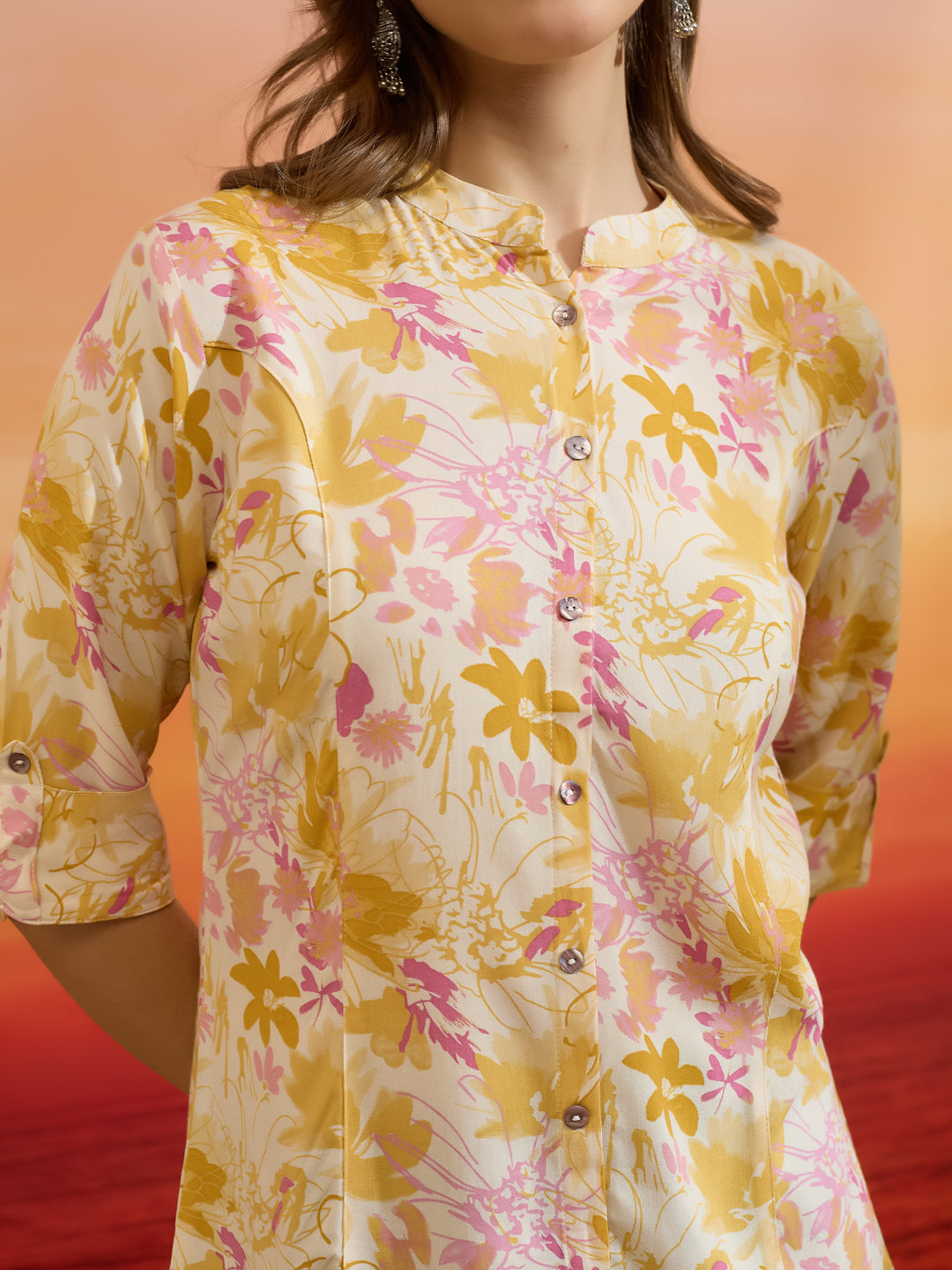Divena Women Floral Printed Viscose Rayon Cream Straight Fit Top