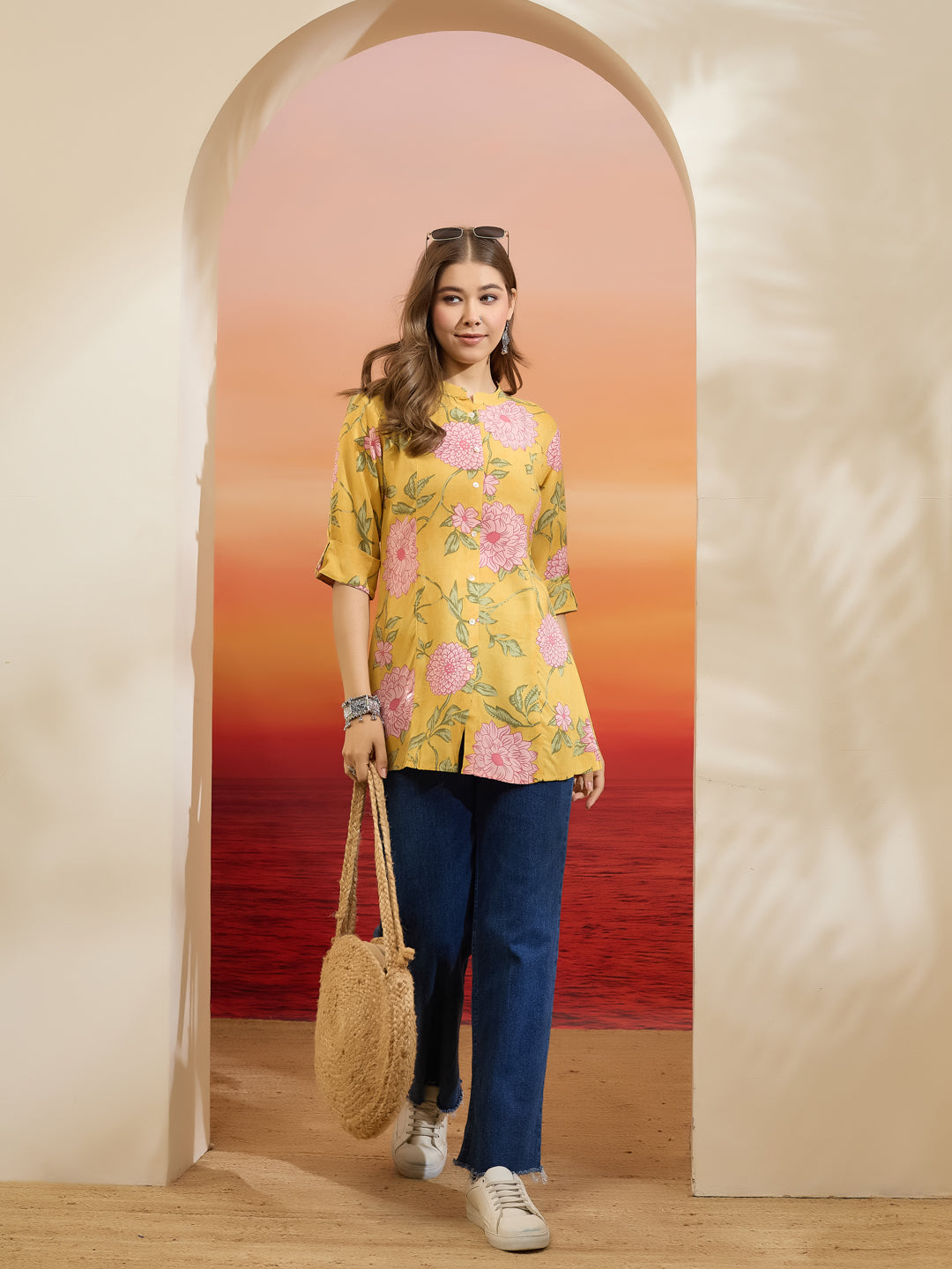 Divena Women Floral Printed Viscose Rayon Yellow Straight Fit Top