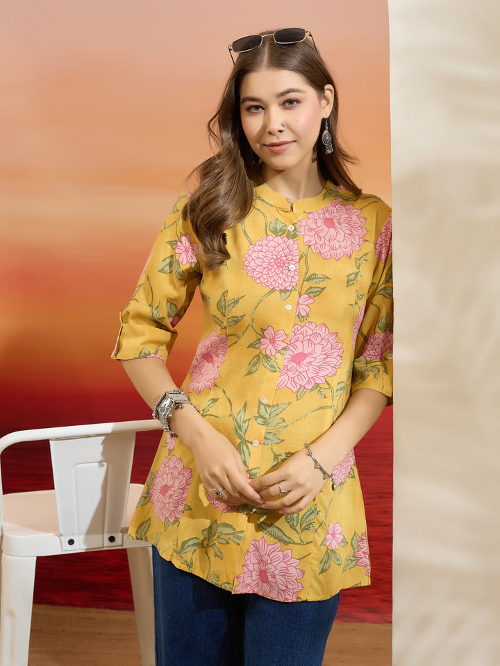 Divena Women Floral Printed Viscose Rayon Yellow Straight Fit Top