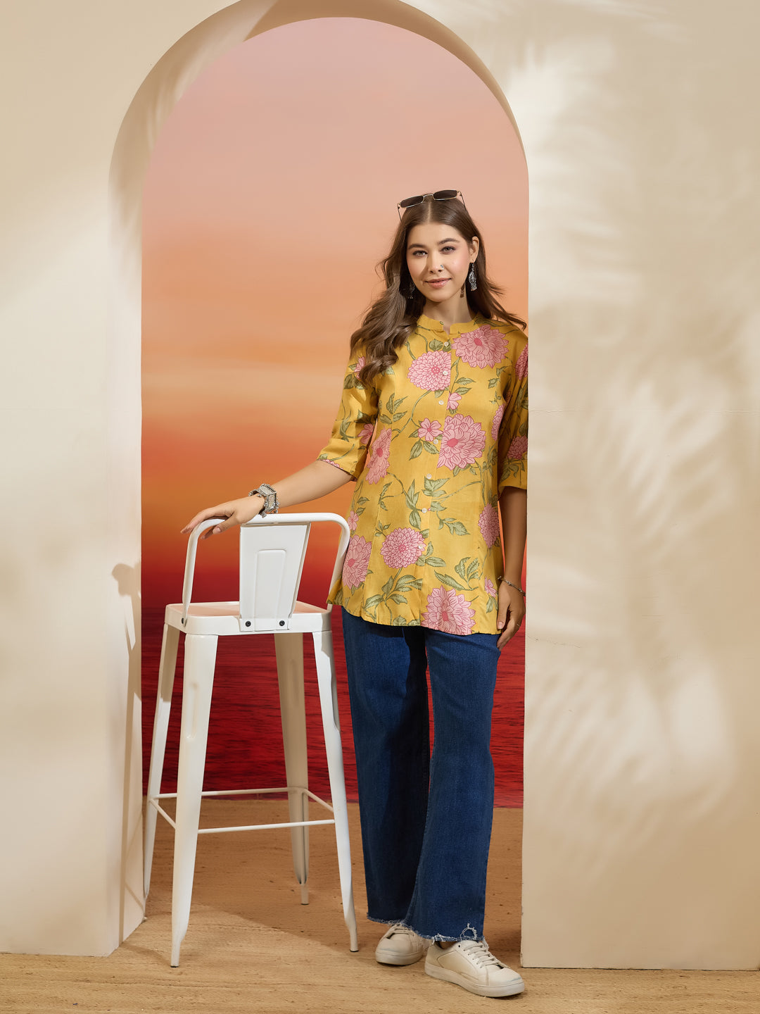 Divena Women Floral Printed Viscose Rayon Yellow Straight Fit Top