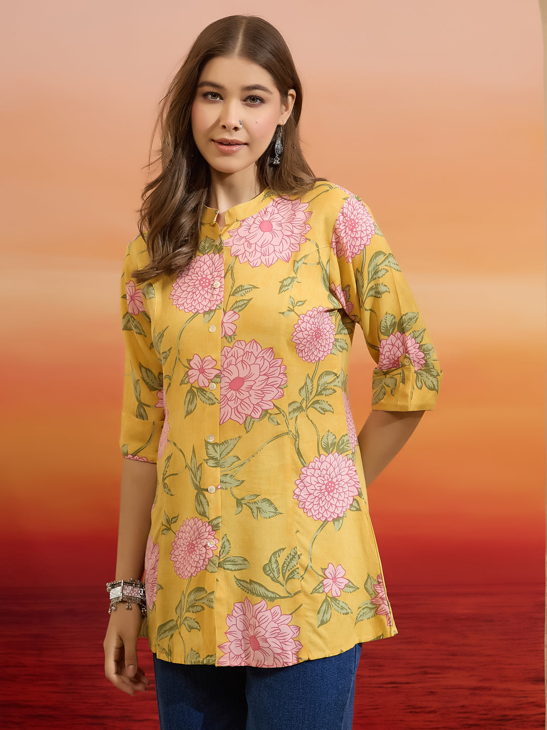 Divena Women Floral Printed Viscose Rayon Yellow Straight Fit Top