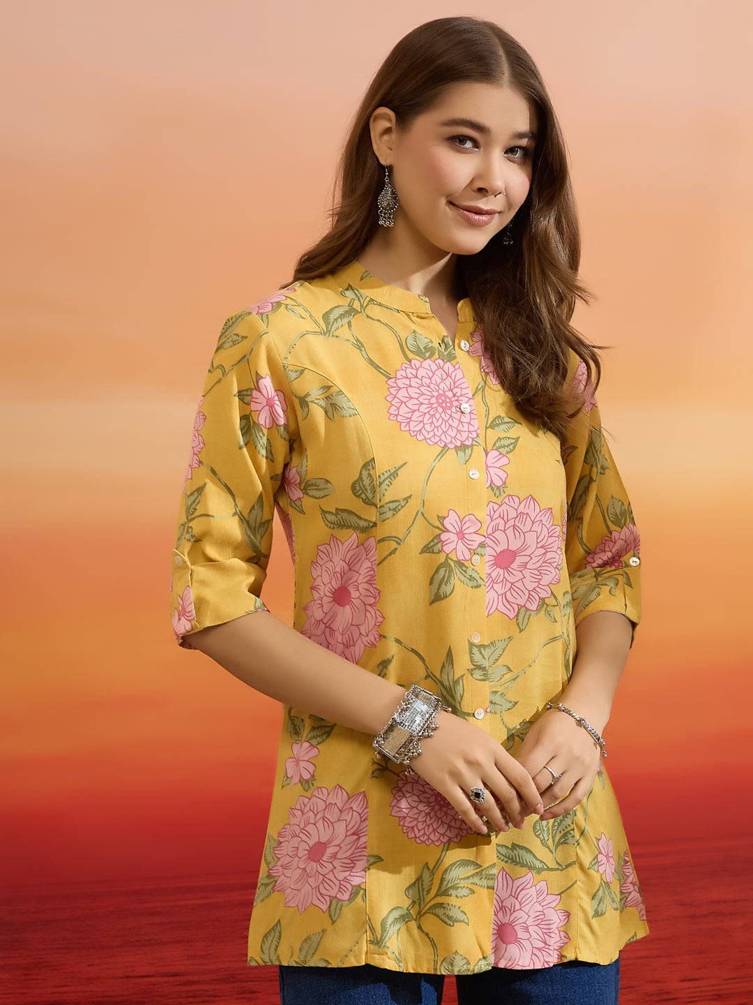 Divena Women Floral Printed Viscose Rayon Yellow Straight Fit Top