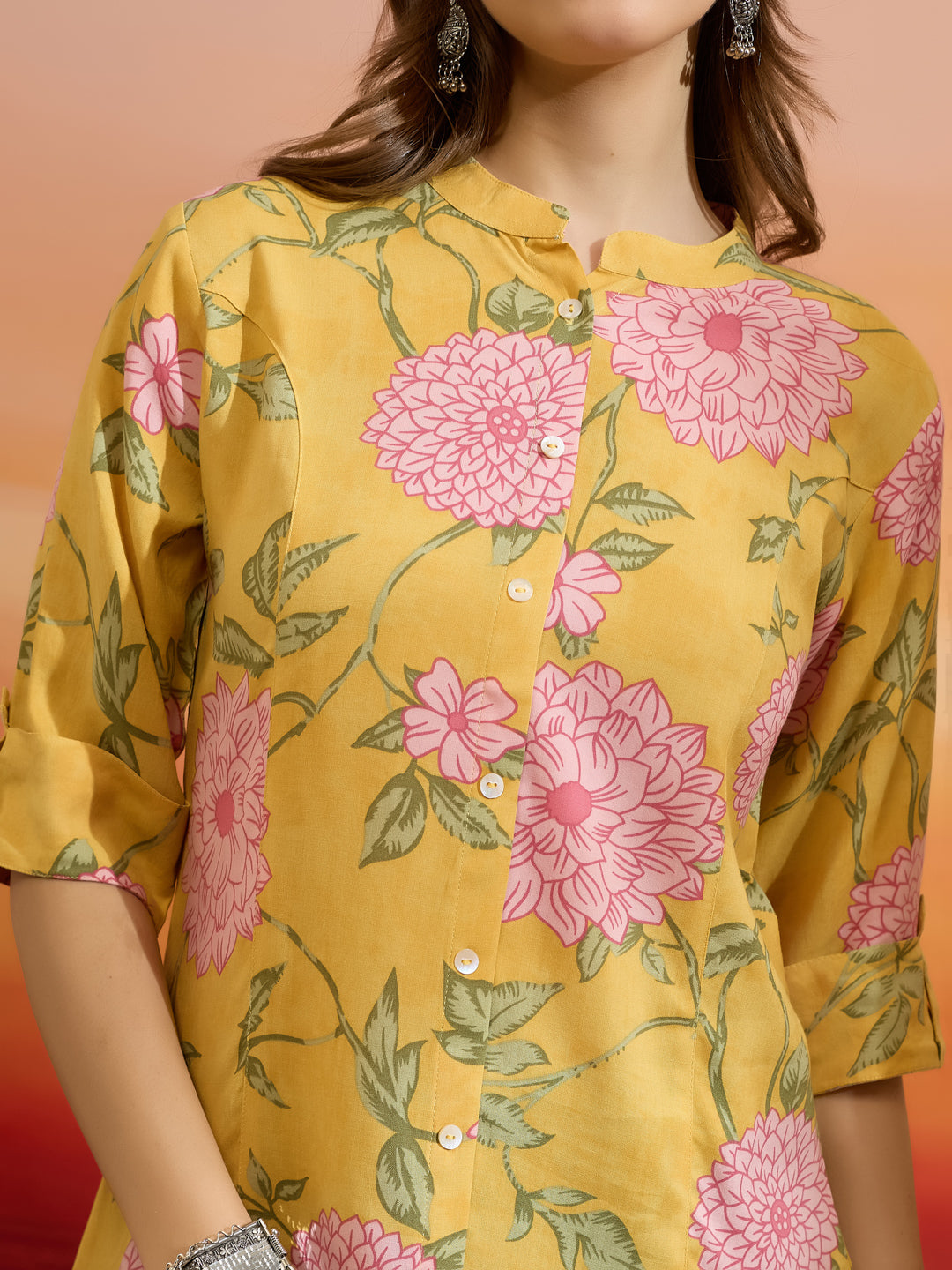 Divena Women Floral Printed Viscose Rayon Yellow Straight Fit Top