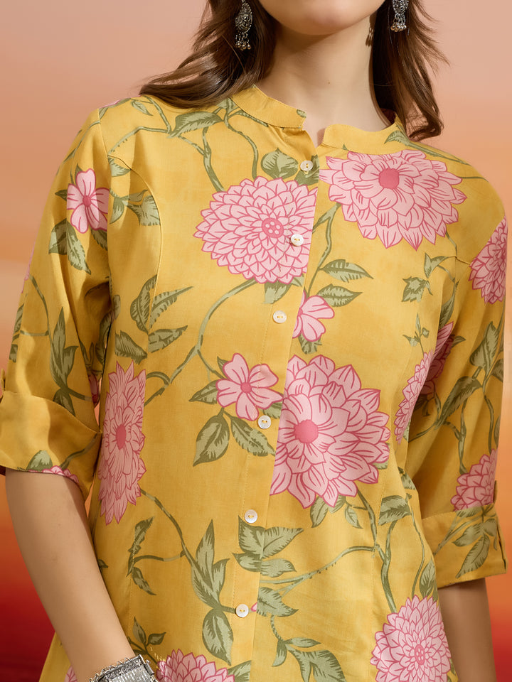 Divena Women Floral Printed Viscose Rayon Yellow Straight Fit Top
