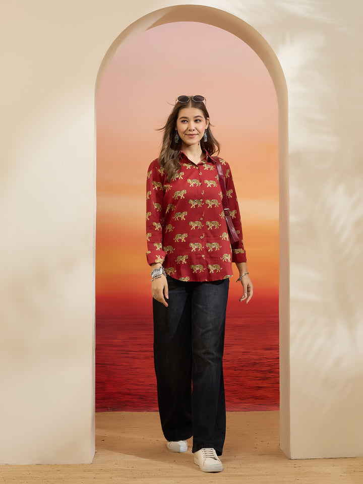 Divena Cotton Quirky Printed Red Casual Women Shirt