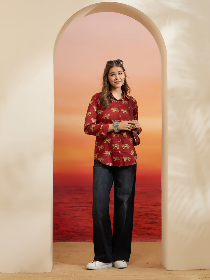 Divena Cotton Quirky Printed Red Casual Women Shirt